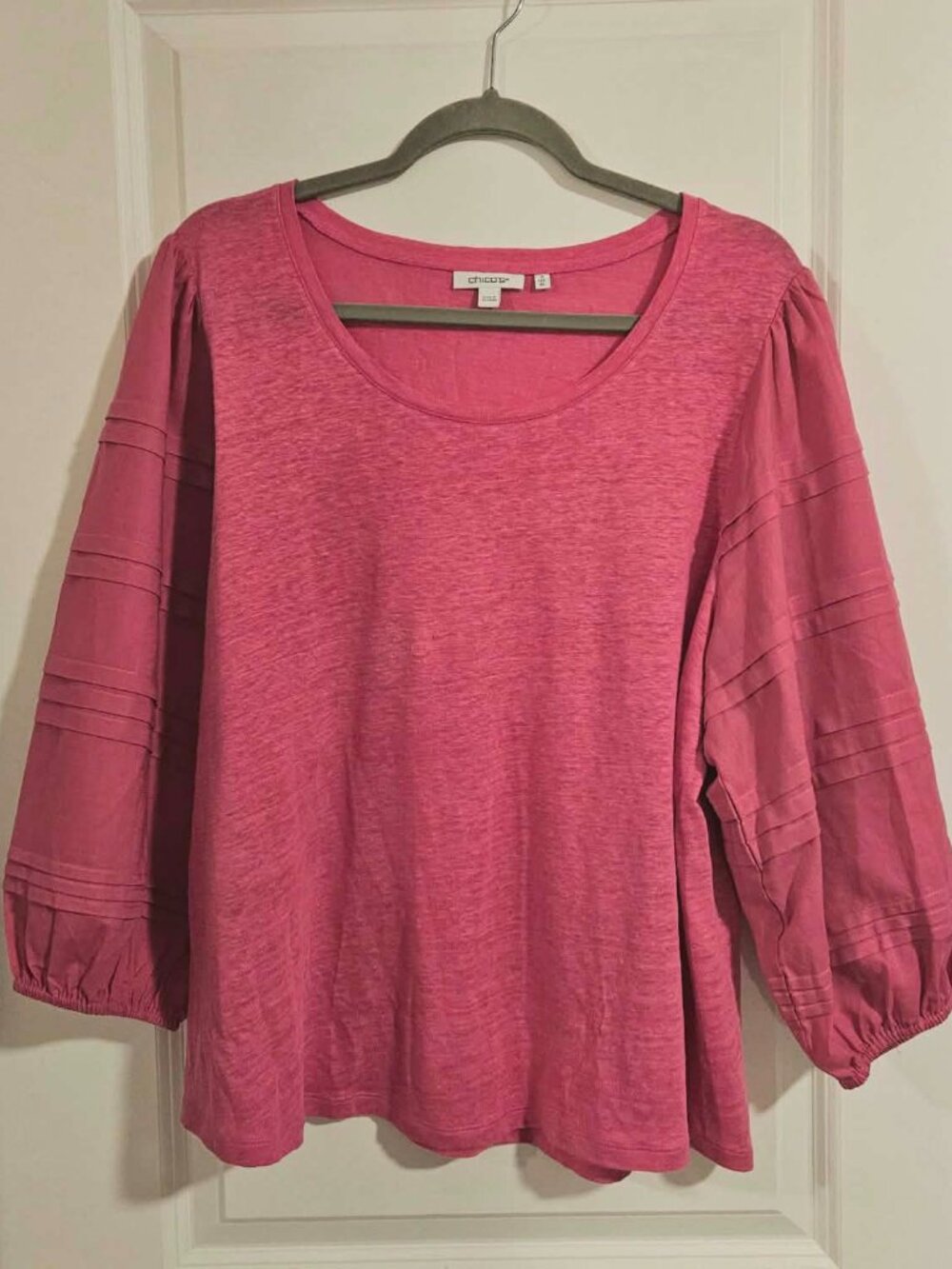 Chico’s Linen Blend Balloon Sleeve Top Pink XL/Chicos Size 3 Puff Sleeve Blouse